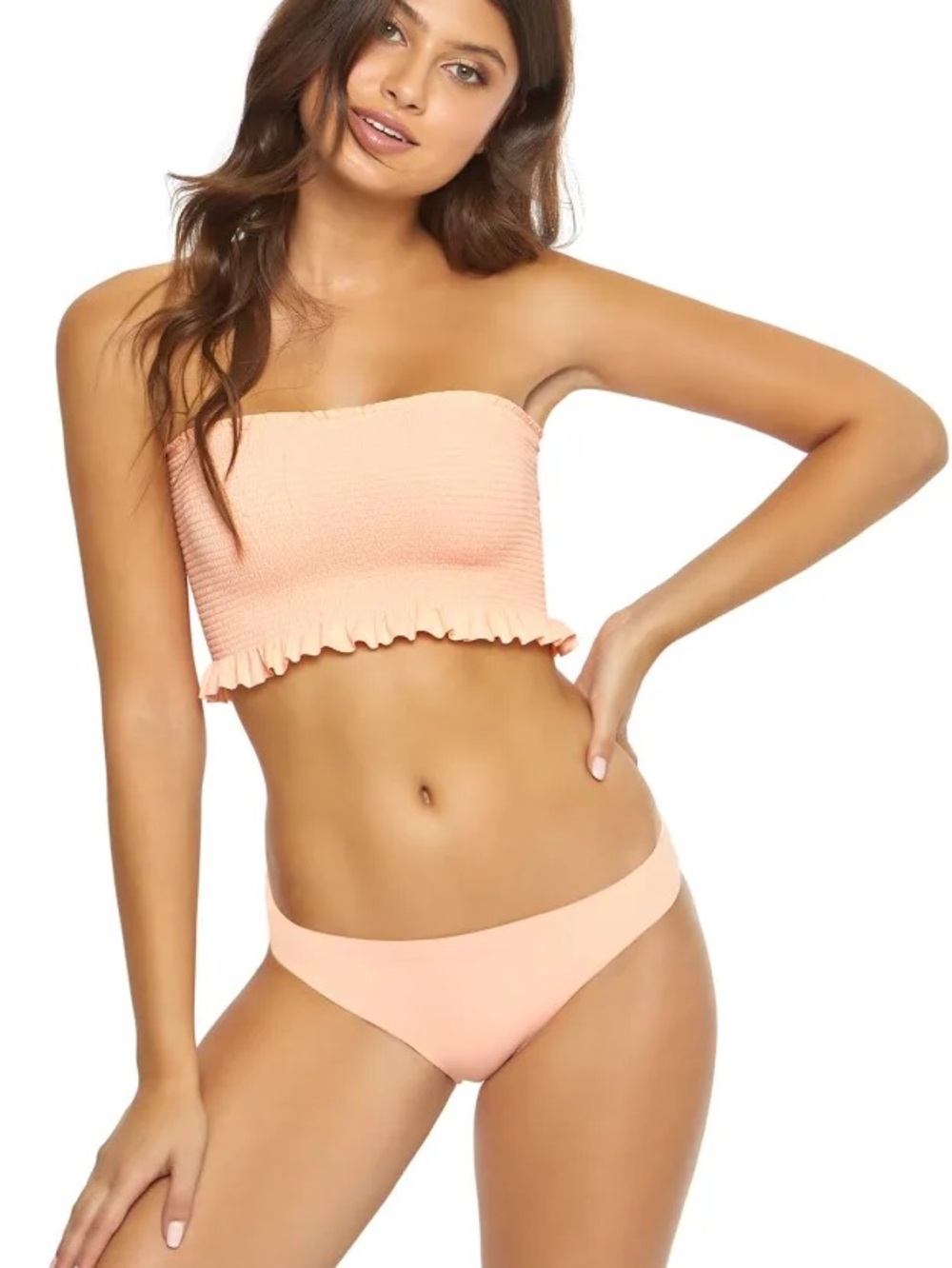 Pilyq Strapless Smocked Ruffle Bikini in Peach